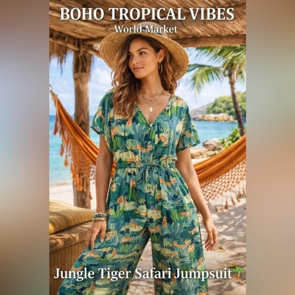 World Market Jungle Tiger Print Jumpsuit L/XL Boho Safari Tropical Wide Leg